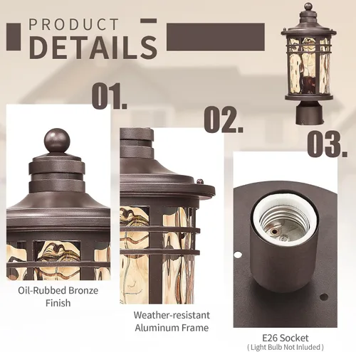 Vista 4 de Darkaway Luz de poste al aire libre, lámpara de poste de luz, carcasa de aluminio impermeable con vidrio ondulado ámbar para entrada de camino