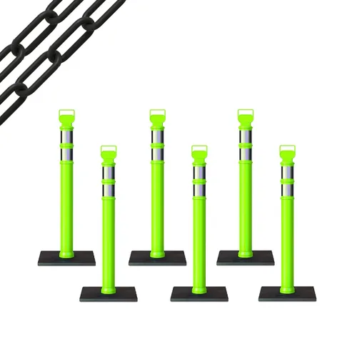 Vista 58 de CCW 6-Pack 45" Delineador Post Kit Kit de 3.0 in collares reflectantes, base de goma de 10 lb (6 postes blancos con cadena negra de 50 pies)