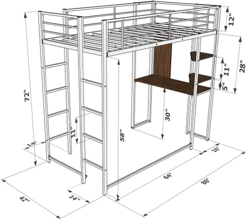 Vista 3 de East West Furniture BUTLBLK Buckland - Cama tipo loft individual, una cama de metal, una mesa, 2 estantes para libros y 2 escaleras con 3 y 4