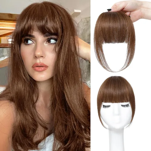 Vista 6 de ELEFOCUS Flequillo con clip, extensiones de cabello humano 100% real, flequillo falso francés 18#, clip de cabello en flequillo para mujeres, flecos