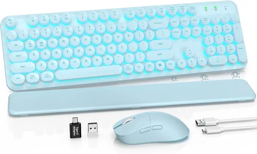 Vista 16 de Combo de teclado y mouse inalámbricos, teclado retro con teclas redondas, teclado estilo máquina de escribir de tamaño completo con reposamuñecas