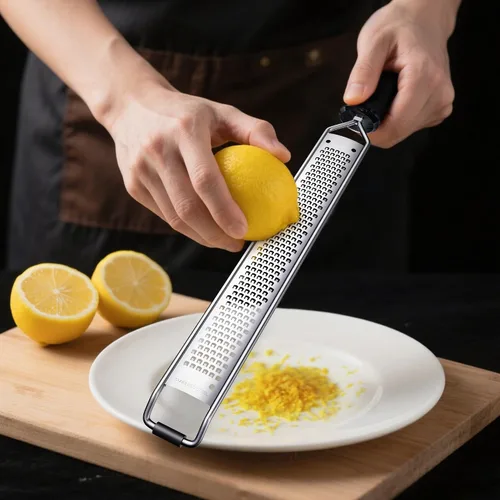 Vista 3 de Rallador de limón y queso con mango de agarre seguro, acero inoxidable, 15 x 1.4 pulgadas