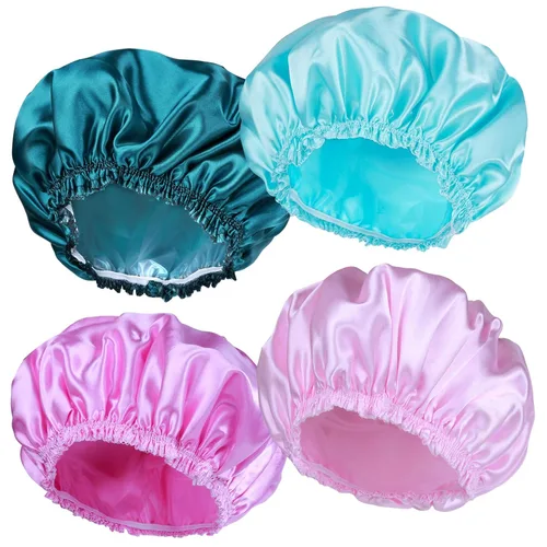 Vista 27 de 4 piezas de gorros de ducha para mujer, gorros de baño con estampado, gorro de ducha de doble capa reutilizable e impermeable, gorros de ducha