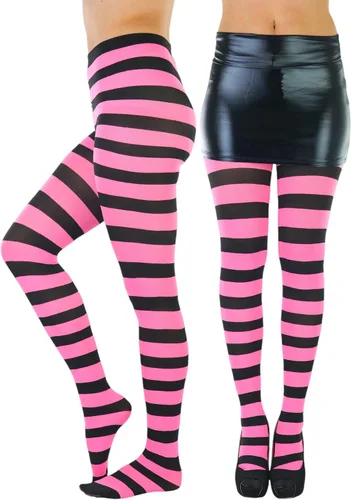 Vista 5 de ToBeInStyle Medias de contraste de rayas horizontales anchas para mujer, medias opacas Negro y rosa muñeca