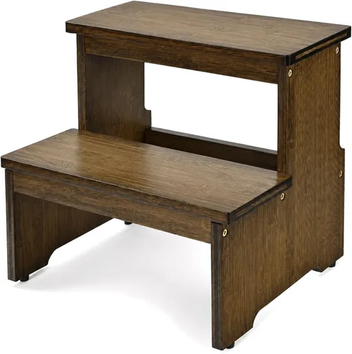 Vista 8 de StrongTek Taburete de bambú de dos escalones para adultos y niños, taburete de cama con parte inferior antideslizante, resistente para cocina, baño
