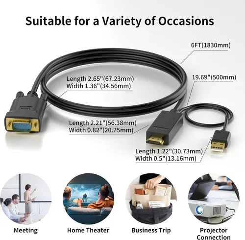 Vista 6 de HDMI a VGA, cable HDMI a VGA chapado en oro de 6 pies con alimentación USB (hombre a macho), compatible con computadora, computadora de escritorio
