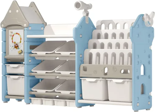 Vista 12 de UNICOO Organizador de almacenamiento de juguetes para niños con estantería, organizador de sala de juegos de 14 cubos y estantería, estante de Marrón