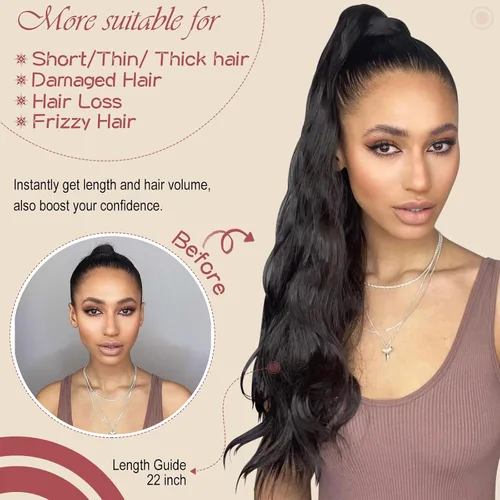 Vista 6 de FELENDY Extensión de cola de caballo con cordón de 22 pulgadas de largo, ondulado, envolvente, cola de caballo, cabello rizado con clip para mujer