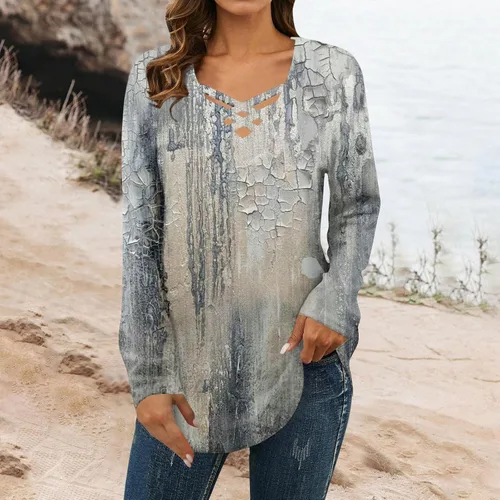 Vista 3 de Camisetas de otoño para mujer, a la moda, holgadas, casuales, de manga larga, con cuello en V, estampadas