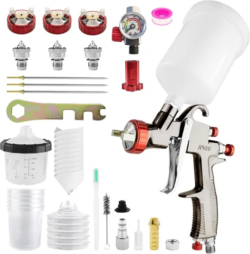 Vista 9 de R500 - Pistola de pulverización LVLP con taza mezcladora de 22.0 fl oz y 10 vasos desechables, boquillas de 1.3/1.5/0.067 in, pistola de pintura