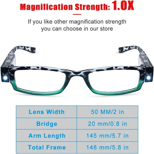 Vista 4 de Gafas de lectura con luz LED brillante para lectores con luces, lupa iluminada, lector nocturno, gafas compactas de marco completo, visión clara