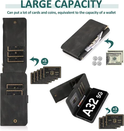 Vista 4 de Funda compatible con Samsung Galaxy A32 5G de 6.5 pulgadas, protector de pantalla de vidrio templado, funda de piel con tapa, tarjetero y soporte