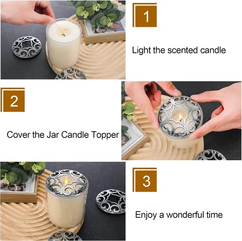 Vista 3 de Shellwei 4 piezas de velas perfumadas para quemar uniformemente cubiertas de metal plateado, cubierta decorativa para velas, tapas talladas