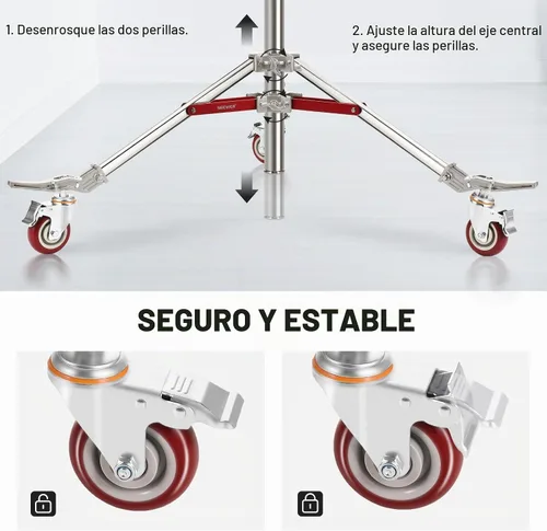Vista 8 de NEEWER Soporte de Luz de Acero Inoxidable Resistente con Ruedas, Receptor Junior de 1-1/8", Espiga Baby con Resorte de 5/8", Carga Máxima 77lb