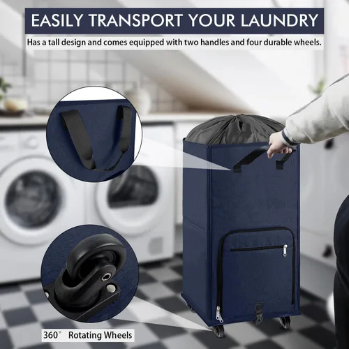 Vista 2 de Bukere Cesta de lavandería grande con ruedas, 4 ruedas y 2 asas, bolsa de lavandería con ruedas plegable independiente para ropa, apartamento Azul