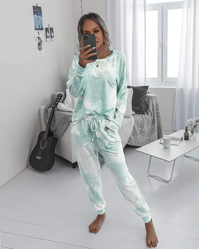 Vista 2 de Prettygarden - Conjunto de pijama para mujer, teñido anudado, de dos piezas, pijama con camiseta de manga larga y pantalón largo, con bolsillos