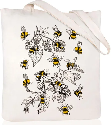 Vista 17 de Bolsa de lona estética para mujer con bolsillo interior, bolsa de hombro para libros, bolsas reutilizables para compras