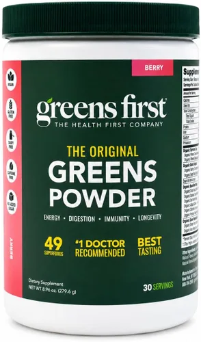 Vista 19 de Greens First Original Greens en polvo, menta, 30 porciones 49 superalimentos, frutas y verduras orgánicas, prebióticos, probióticos y enzimas