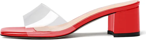 Vista 2 de WAYDERNS Sandalias de tacón grueso transparentes con punta cuadrada para mujer de 2 pulgadas, Transparente