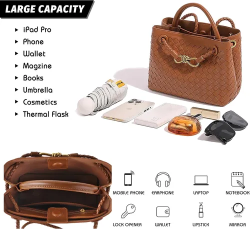 Vista 5 de Bolsa tejida para mujer, bolsa tejida con asa superior, bolsa de hombro tejida, bolsa cruzada