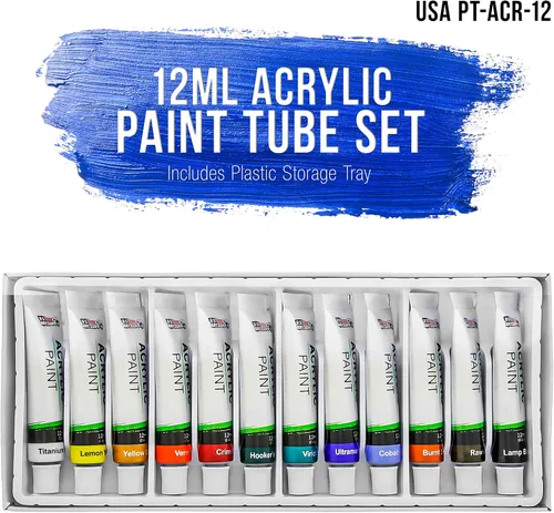 Vista 2 de U.S. Art Supply Juego de pintura acrílica profesional de 12 colores en tubos de 0.4 fl oz, pigmentos ricos en colores vivos para artistas