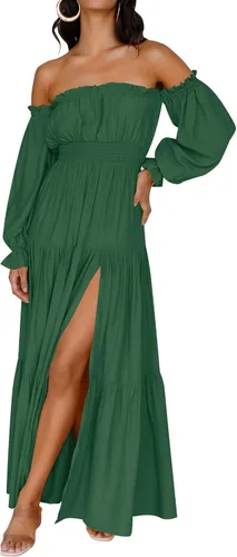 Vista 64 de ZESICA - Vestido largo, bohemio y sexy, con hombros descubiertos y manga larga fruncida, con elástico fruncido, cintura alta y abertura lateral
