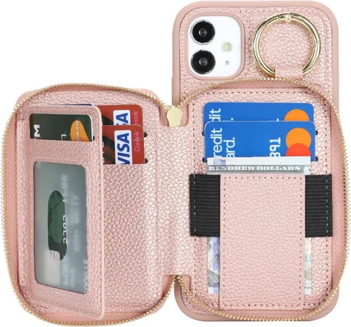 Vista 6 de Funda compatible con iPhone 11 con tarjetero, para iPhone 11, funda de teléfono con cremallera y ranura para mujer, 6.1 pulgadas, oro rosa