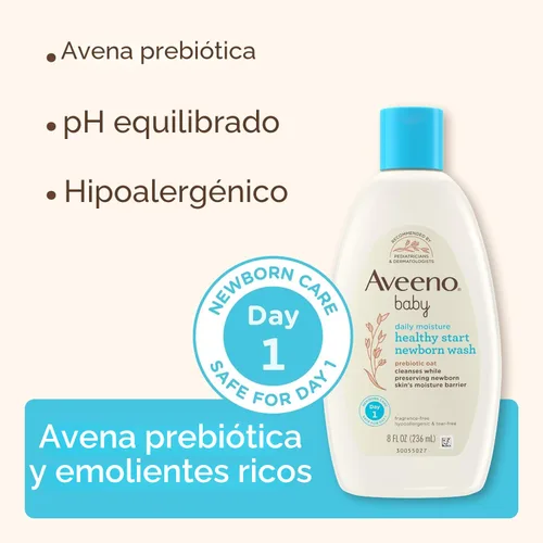 Vista 5 de Paquete de Aveeno Baby Healthy Start baño para recién nacidos, baño hipoalergénico para el cuerpo del bebé con avena prebiótica, sin fragancia, 8 fl