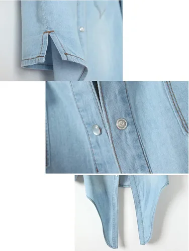 Vista 5 de Omoone - Camisa corta de mezclilla para mujer, con manga 34 y nudo