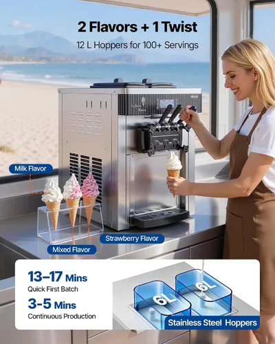 Vista 5 de VEVOR Máquina de helados comercial, rendimiento de 20-28 L/H, 2200 W 3 sabores para encimera de helado suave con 2 tolvas de 6 L y agitación