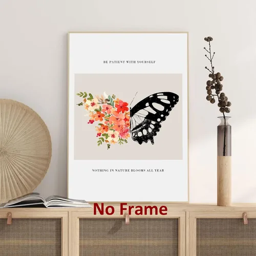 Vista 5 de Be Patient with Yourself Art Butterfly Flower Picture Mental Health Wall Art Watercolor Flower Poster Positive Afirmations Pictures Black Butterfly
