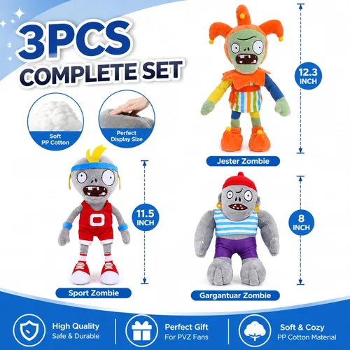 Vista 3 de Dyharnsty 3 piezas de juguetes de peluche de Plants vs Zombies, Zombie Sport Jester Gargantuar Zombi, figura suave, plantas contra zombies, juguetes