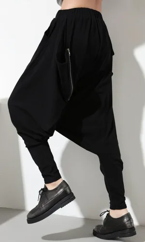 Vista 3 de ellazhu Pantalones de Hip-Hop Harem Hippie Hip-Hop con Bolsillos de Diseño Único Negro GY1054 A