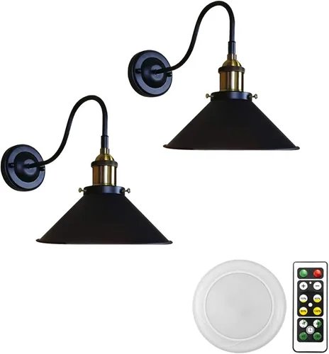 Vista 9 de 2 luces de pared con control remoto sin cable, retro, industrial, negro, lámpara de pared para decoración de pared para escaleras interiores