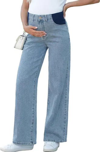 Vista 12 de BLENCOT Vaqueros de maternidad para mujer de cintura alta con pierna recta, pantalones de embarazo de mezclilla con bolsillos