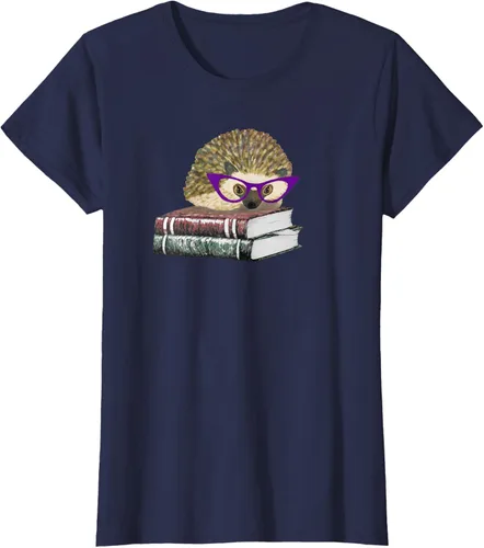Vista 13 de Adorable erizo libro NERD playera de manga corta, Marino Negro