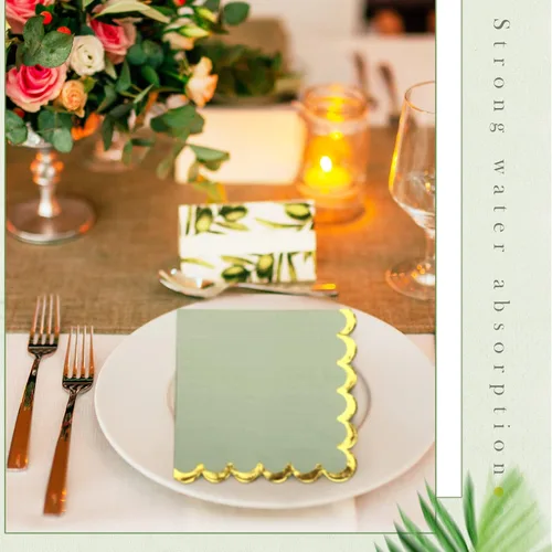 Vista 6 de Panelee Paquete de 100 servilletas de cóctel verde salvia con lámina dorada de 2 capas de postre plegadas de 5 x 5 pulgadas, servilletas desechables