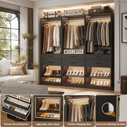 Vista 4 de Unikito Organizador de armario de 25 pulgadas de ancho x 80 pulgadas de alto, con barra para colgar y 2 cajones de madera, zapatero ajustable