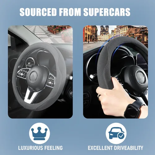 Vista 4 de Funda para volante en forma de D de gamuza negra de 13.5 a 14 pulgadas Warm in Winter and Cool in Summer, Small Felt Car Accessories, Breathable