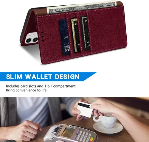 Vista 4 de ZZXX Funda tipo cartera para iPhone 11 con bloqueo RFID, ranura para tarjetas, función atril, cierre magnético, funda protectora de cuero para Rojo