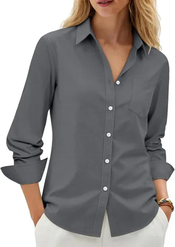 Vista 18 de siliteelon Camisas con botones para mujer, camisa Oxford de algodón, camisa de vestir de manga larga, blusas de trabajo con bolsillo