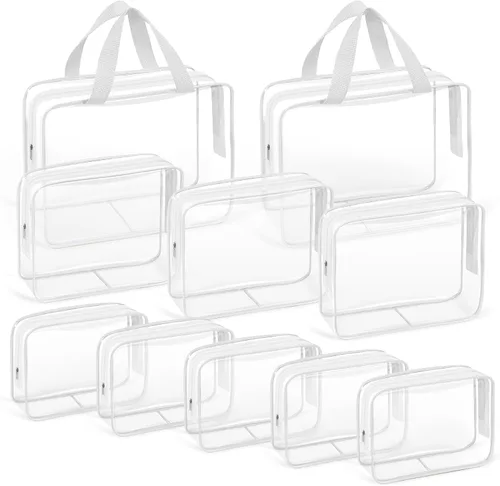 Vista 9 de TISRATOK Neceser de maquillaje transparente de viaje de 10 piezas, plástico PVC cosmético aprobado por la TSA Kit organizador con bolso con Negro