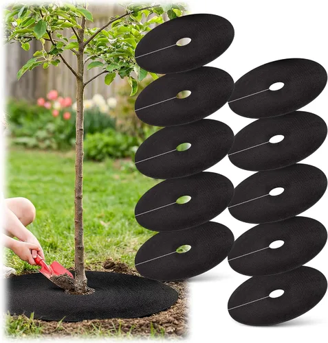 Vista 12 de Anillo de mantillo de árbol no tejido de 32.5 pulgadas, paquete de 2 alfombrillas de barrera de malezas, mantillo degradable de árboles utilizado
