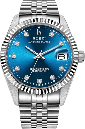 Vista 12 de BUREI Reloj automático de lujo para hombre, resistente al agua, reloj mecánico, correa ajustable de dos tonos de acero inoxidable