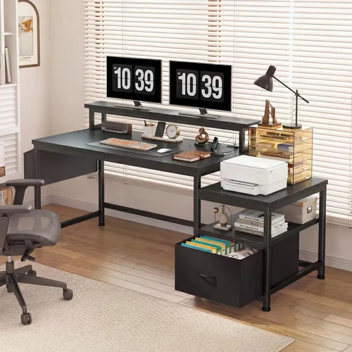 Vista 4 de EnHomee Escritorio para computadora de 57 pulgadas con cajones y espacio para impresora, escritorio de oficina con tomas de corriente, escritorios