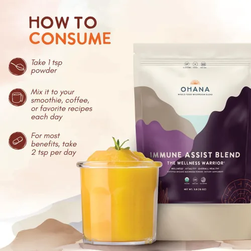 Vista 11 de Ohana Immune Assist Blend, polvo orgánico de hongos integrales USDA, mezcla de 8 hongos cultivados en Estados Unidos, ideal para energía, inmunidad