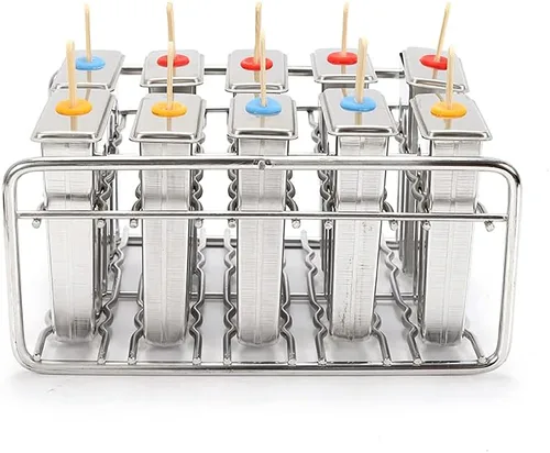 Vista 8 de Molde para hacer helados de acero inoxidable, moldes para paletas de hielo con 10 tazas de molde y estante, herramienta para hacer moldes de paletas
