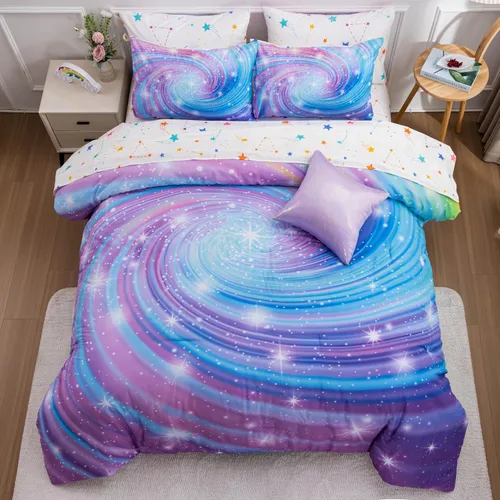 Vista 13 de Btargot Juego de edredón súper suave de 6 piezas con patrón de estrellas en degradado y anillo, juego de ropa de cama con rayas onduladas
