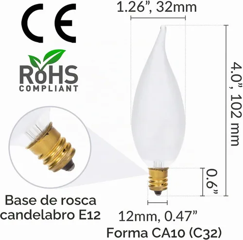 Vista 4 de Simba Lighting Candelabro CA10 con punta de llama esmerilada de 25 W, base E12 (paquete de 12) bombillas incandescentes decorativas de 120 V