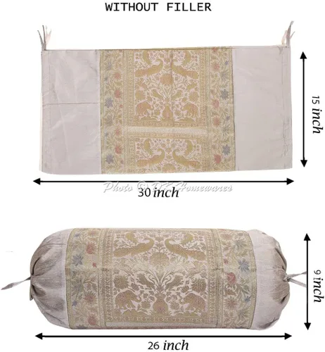 Vista 4 de Juego de 2 fundas de cojín de seda de brocado de jacquard étnico cilíndrico, perro caliente gris, masas de yoga, sala de estar, decoración